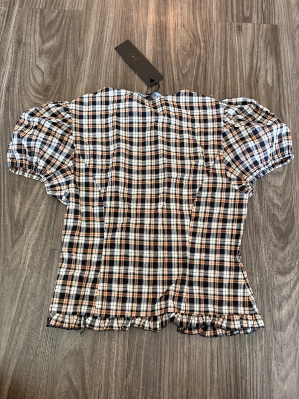 NEW LIONESS BARDOT TOP Beige and Tan Plaid Puff Sleeve Button and Tie Detail  XS - Picture 4 of 9